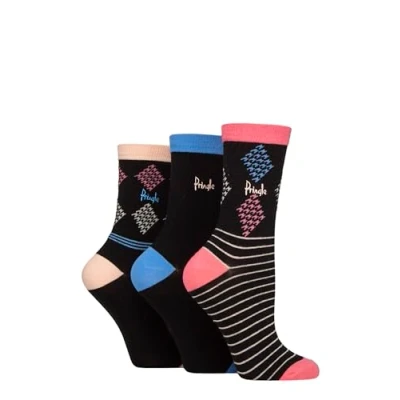 Image of Women&#039;s 3 Pair Pringle Patterned Cotton and Recycled Polyester Socks Black Diamond / Stripe 4 8