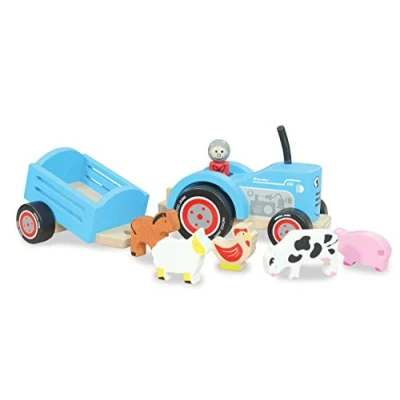 Image of Indigo Jamm Tractor Tim, Retro Wooden Toy Vehicle and Detachable Trailer with Farm Animals Removable Driver