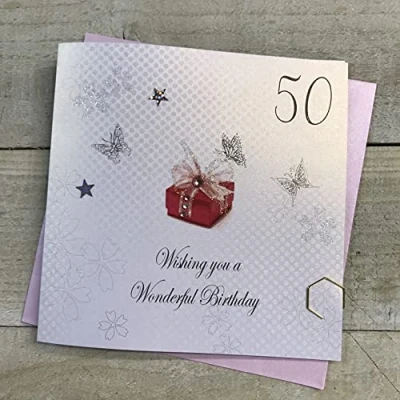 Image of white cotton cards Wishing You a Wonderful 50th Birthday Handmade Card, Red, bdp50