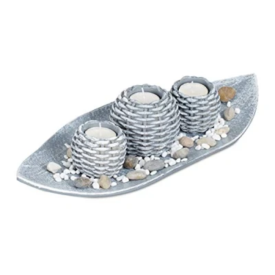 Image of Relaxdays Decorative Candle Set, Tealight, Tray, Pebbles, Round Holders, Braided Design, 38.5 cm, Silver,10029939