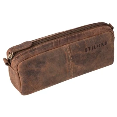 Image of STILORD &#039;Spencer&#039; Vintage Pencil Pouch Leather Pen Case Holder with Zipper Make Up Bag Leather, Colour:Calais Brown
