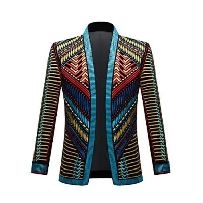 Image of PYJTRL Mens Stylish Court Prince Black Velvet Gold Embroidery Blazer Suit Jacket (Blue Gold, XXL)