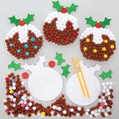 Image of Baker Ross FE889 Pudding Kits Pack of 5, Design Your Own Christmas Pom Children to Make, Decorate and Display, Creative Activities for Kids, Assorted