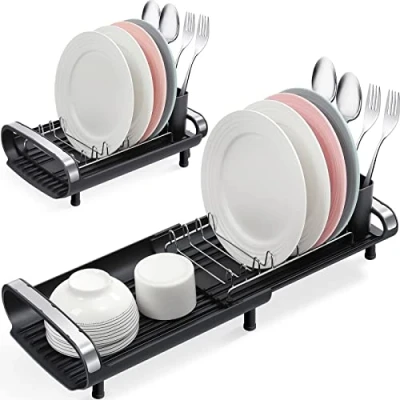 Image of KINGRACK Small Dish Drainer, Expandable Drainer Rack, Rack With Removable Cutlery Holder, Anti Rust Sink Draining Board For Kitchen Counter, Black