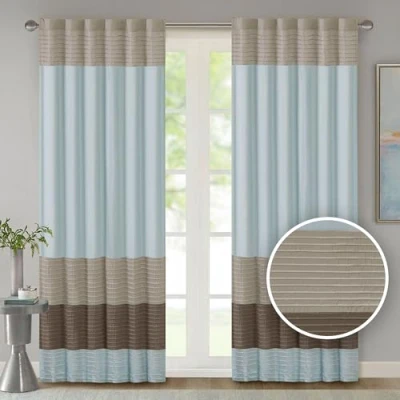 Image of Madison Park Window Curtain Single Panel Faux Silk, Elegant Pleats, Rod Pocket Curtains for Living Room Privacy, Darkening Bedroom and Dorm, Amherst, 84&quot; L x 50&quot; W, Blue