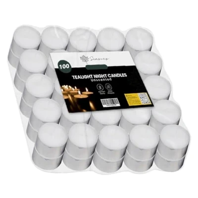 Image of SEASONS 8 Hours Burn Time Tea Light Candles Pack of 100 White Wax Unscented Ideal for Garden, Hotel &amp; Home Decoration Hour Tealights