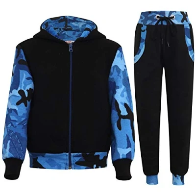Image of A2Z 4 Kids Girls Boys Tracksuit Plain Camouflage Contrast Fleece Hooded Top With Bottom Joggers Suit T.S 101 Camo Blue 13