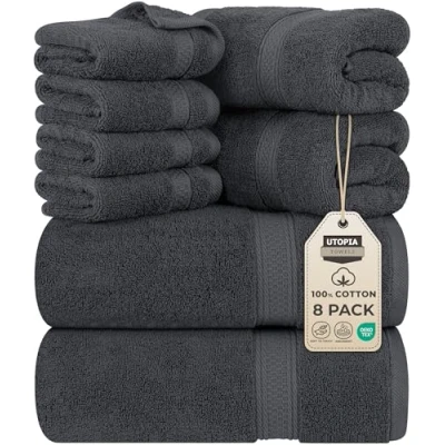 Image of Utopia Towels 8 Piece Towel Set 2 Bath Towels, Hand and 4 Washcloths Cotton Hotel Quality Super Soft Highly Absorbent (Gray)