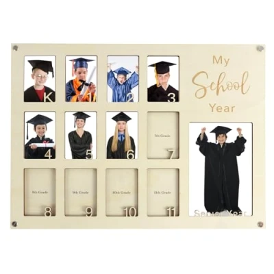 Image of School Years Picture Frame K 12 Day Graduation Photo Collage with Mat 1 Large Wooden Days Displays for Kindergarten to 12th