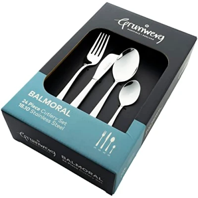 Image of Grunwerg Balmoral 24 Piece Boxed Mirror Cutlery Set, 18/10 Stainless Steel, 6 x Table Knives, Forks, Dessert Spoons, Teaspoons, Silver