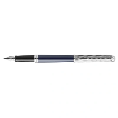 Image of Waterman Hémisphère Fountain Pen Metal &amp; Blue Lacquer Chiselled Cap Stainless Steel Medium Nib Ink Gift Box