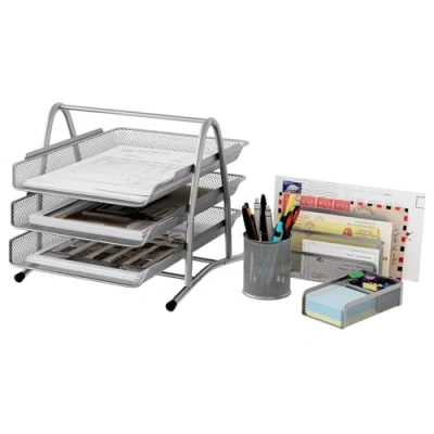 Image of EasyPAG Office Desk Tidy 4 Piece Organiser Set 3 Tier A4 Filing Tray,Pen Pot,Sticky Note Holder,Letter Sorter Rack,Silver