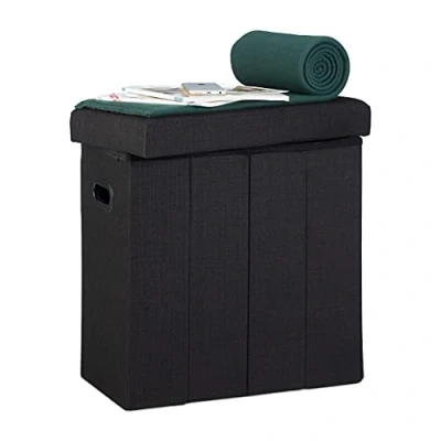Image of Relaxdays Folding Ottoman, HxWxD: 49.5 x 46 25.5 cm, with Storage, Foldable Footstool, Linen, Polyester, MDF, Black