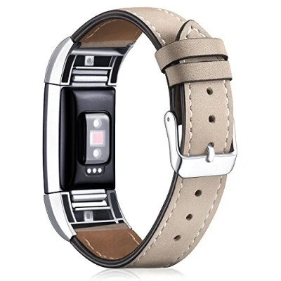 Image of AISPORTS Compatible with Fitbit Charge 2 Strap for Women Men, Leather Soft Breathable Sport Wristband Metal Buckle Bracelet Replacement Fitness Tracker