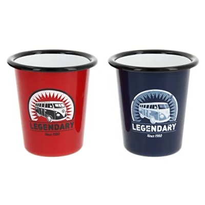 Image of BRISA VW Collection Volkswagen 2 piece Enamel Coffee Tea Mug Cup Set for Camping &amp; Outdoor T1 Bus (Legendary/Red Blue)
