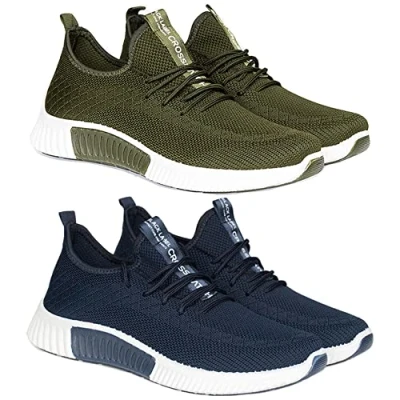 Image of Crosshatch New Mens (2 Pack) Trainers Lace up Boys Lightweight Running Sports Gym Shoes Sneaker UK Olive/Navy 11