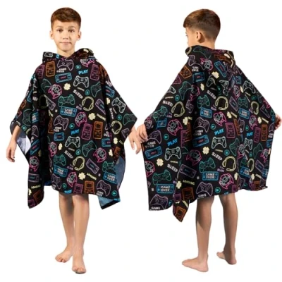 Image of Dreamscene Hooded Towels for Kids Black, Gaming Swimming Towel Beach Summer Holidays Changing Robe Lightweight Oversized Privacy, One Size