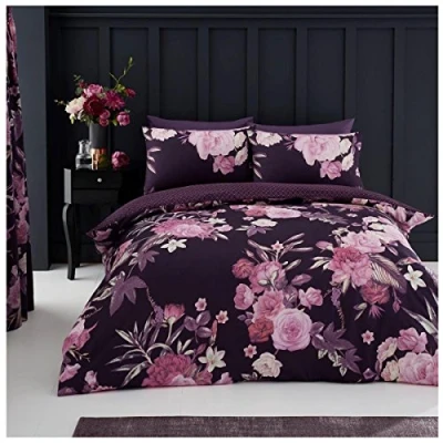 Image of GC GAVENO CAVAILIA Luxury Botanical Bedding King Size Bed Set, Floral Duvet Cover, Polycotton Reversible Blossom Quilt Cover With Matching Pillowcases, Purple