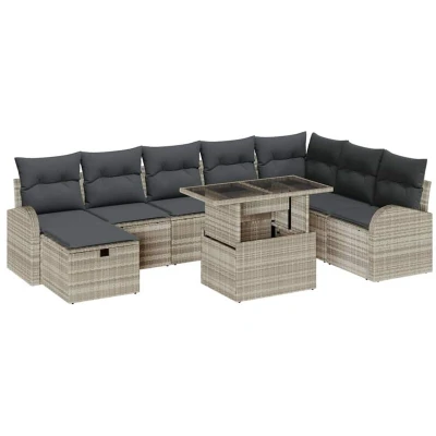 Image of vidaXL 9 Piece Garden Sofa Set with Cushions Light Grey Poly Rattan