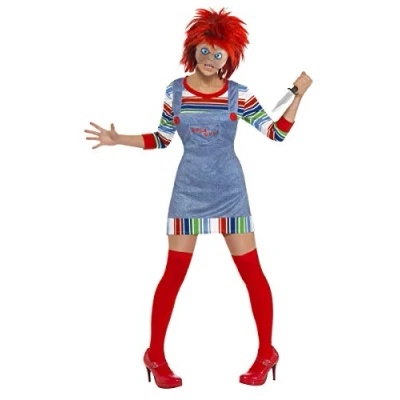 Image of Smiffys Chucky Ladies Costume, Blue with Jumper, Dungarees, Mask &amp; Wig, Officially Licensed Fancy Dress, Adult Dress Up Costumes