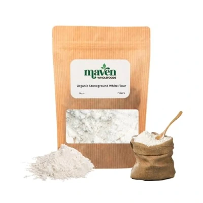 Image of Maven wholefoods Organic Stoneground White Flour 5kg Raw GMO Free High Fibre &amp; Protein Certified Suitable for Vegetarian Vegan Packed Fresh in Resealable Bags (5kg)