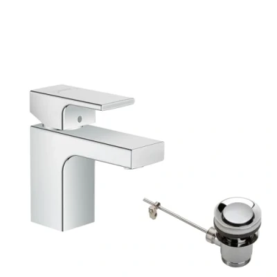 Image of hansgrohe Vernis Shape bathroom tap with metal pop up waste set, sink spout height 71 mm, basin mixer water saving (EcoSmart), chrome, 71566000