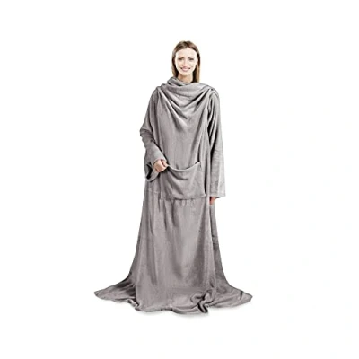 Image of ASAB Wearable Blanket With Sleeves Cosy Fleece Hooded Pocket Ultra Soft Plush Snuggle For Men And Women Extra Long Warm Throw One Size Fits All 185 x 130 cm (Grey)