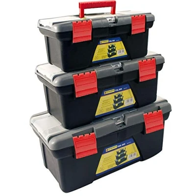 Image of BARGAINS GALORE® 3PC PLASTIC TOOL BOX CHEST SET HANDLE TRAY &amp; COMPARTMENT DIY STORAGE TOOLBOX BAG NEW EACH HAS TWO REMOVABLE TRAYS STRONG ROBUST LONG LASTING