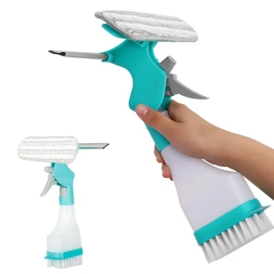 Image of 4 in 1 Window Cleaner, Spray Squeegee with Bottle &amp; Fabric Washer Head Brush for Home Car Glass Cleaning