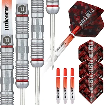 Image of Unicorn Steel Tip Darts Set Ballista Style 2 90% Natural Tungsten Barrels with Red Accents &amp; Volute Points 26 g