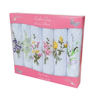Image of 6 Ladies Coloured And White Boxed Embroidered Handkerchiefs 100% cotton, 12ins / 30cm, with floral design
