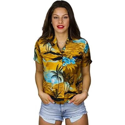 Image of King Kameha Funky Hawaiian Blouse Shirt, Shortsleeve, Print Surf, Brown Turquoise, M