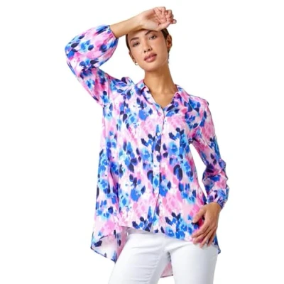 Image of Roman Originals Shirt for Women Ladies Cotton Blouse Button Through Tunic Printed Top Work Long Sleeve Smart Casual Going Out Office V Neck Everyday Evening Event Pink Blue Size 12