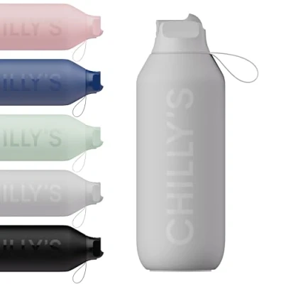 Image of Chilly&#039;s Series 2 Flip Water Bottle with Sports Lid, Telescopic Straw and Nylon Carry Loop Easy Cleaning Brush Included 500ml Granite Grey