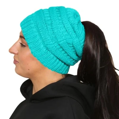 Image of True Face Womens Ponytail Hat Stretch Knit Hats Ladies Messy Bun Beanie Warm Winter Headwear Mint One Size