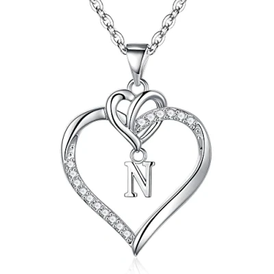 Image of TINGN Heart Initial Necklaces for Women Girls, N Pendant Necklace 14K White Gold Plated Dainty Teen Girls Jewelry Gifts Wife Girlfriend Mom