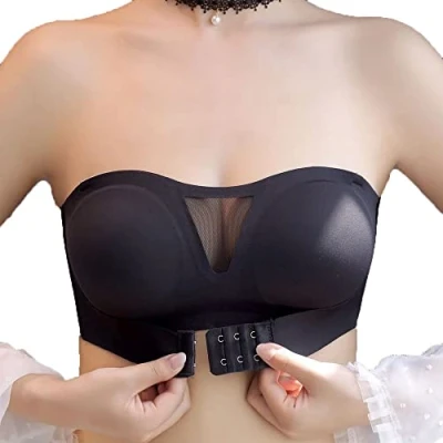 Image of FFWTPY Women Strapless Front Buckle Lift Bra Removable Padded Bandeau Seamless Wirefree Invisible Push Up Bralette Tube Tops Underwear with Convertible Straps Black