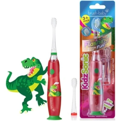 Image of Brush Baby KidzSonic Toddler and Kid Electric Toothbrush for Ages 2 3 4 5 6 7 8 9 Ideal 3+ Years Disco Lights, Gentle Vibration, Smart Timer Dinosaur