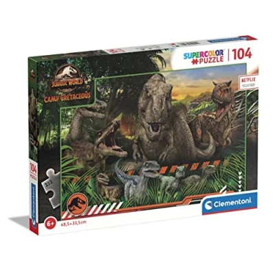 Image of Clementoni 27545 Supercolor puzzle Jurassic World Camp Cretaceous 104 pieces Netflix series jigsaw puzzles for kids age 6 Made in Italy, cartoon