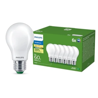 Image of Philips Ultra Efficient LED Bulb, Energy Efficiency Class A, with E27 Socket, 60W, Matt, Warm White 2700K, 6 Pack