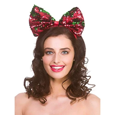 Image of Wicked Costumes Adult Xmas Green/Red Flip Sequin Bow on Headband Christmas Fancy Dress Accessory