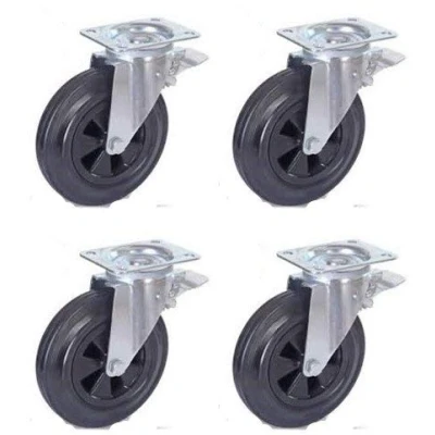 Image of 200mm Castors black rubber 4 swivel brake 200kg each Heavy duty 800kg per set