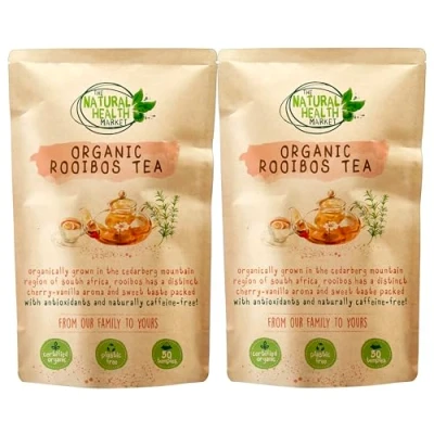 Image of Organic Rooibos Tea aka Redbush By The Natural Health Market ECO FRIENDLY PLASTIC FREE Plant Based Pyramid Bag Recyclable 100% Paper Outer Packaging (100 Bags (2 X 50 Packs))