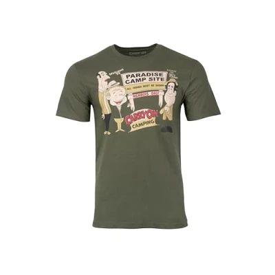Image of Carry On Film Memorabilia Camping Paradise Camp Site Official T Shirt Green Sid James Kenneth Williams (UK, Alpha, XXL, Regular, Green)