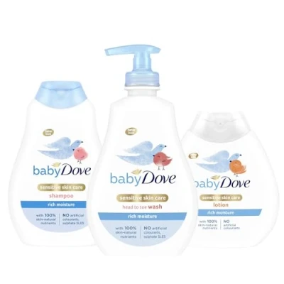 Image of Baby Dove Sensitive Skin Care Rich Moisture Set: Head to Toe Wash 400ml, Shampoo 400ml and Lotion 200ml