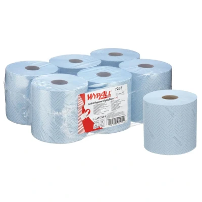Image of WypAll L10 Food &amp; Hygiene Wiping Paper 7255 1 Ply Centrefeed Blue Roll 6 Rolls x 800 Wipes (4,800 total)