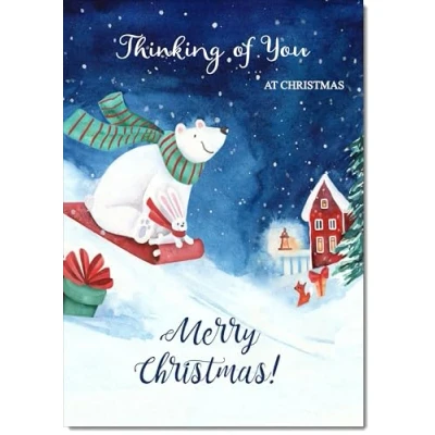Image of doodlecards Thinking Of You Christmas Card Bear on Sled Medium Size for with Plain Envelope