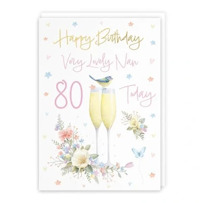 Image of Hunts England 80th Nan Champagne Flutes Birthday Card Luxury Gold Foil Milo&#039;s Gallery Age 80 Butterflies, Hearts, Flowers Pretty For A5 Size