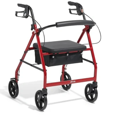 Image of Drive Devilbiss R6 Red Aluminium Rollator with Padded Seat and Vinyl Underseat Bag
