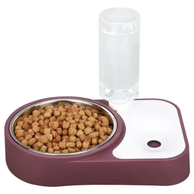 Image of BELLE VOUS Mauve Automatic Water Dispenser/Feeder Pet Food Bowl 500ml/17oz Bottle Capacity 650ml/22oz Stainless Steel Water/Food for Puppies, Kitten, Rabbits